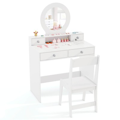 Safstar Kids Vanity Set Desk and Chair Set with Mirror Open Shelf and 4 Storage Drawers