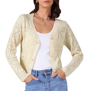 INSPIRE CHIC Women's Long Sleeve Button Down Knit Hollow Out V Neck Cropped Cardigans - 1 of 4