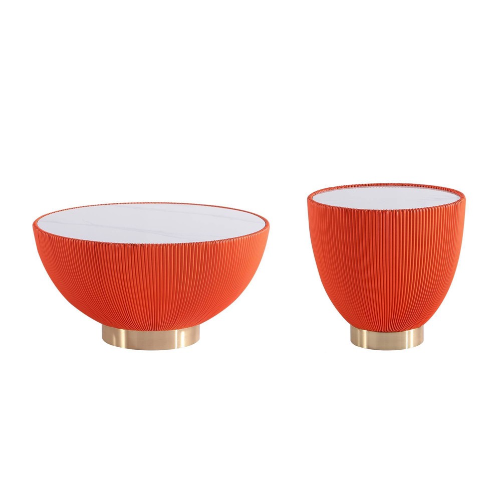 Photos - Coffee Table Manhattan Comfort 2pc Anderson Leatherette Upholstered  and End Table Set: Gold Metal, Round Shape, No Assembly