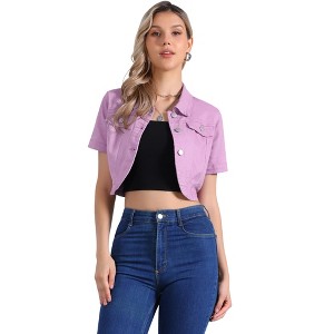 Allegra K Women's Turndown Collar Short Sleeves Crop Casual Jean Jacket - 1 of 4