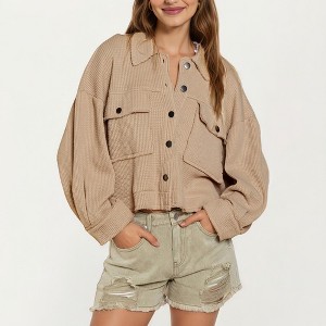 Anna-Kaci Women's Cropped Button-Up Jacket with Chest Pockets and Collared Neckline - 1 of 4