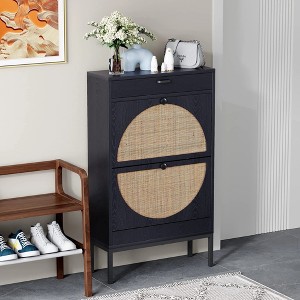 Brafab Shoe Storage Cabinet with 2 Flip Drawers and Open Shelf Natural Rattan Narrow Slim Shoe Organizer Rack Wooden with Metal Legs - 1 of 4