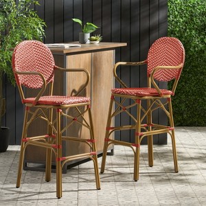 Gulches Outdoor Wicker and Aluminum 29.5" French Barstools, Set of 2, Red, Bamboo Print Finish - 1 of 4