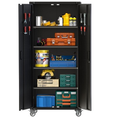 72" H Metal Storage Cabinet with Wheels, Garage Storage Cabinet with Adjustable Shelves and Lockable Doors for Garage Home Office Utility Room