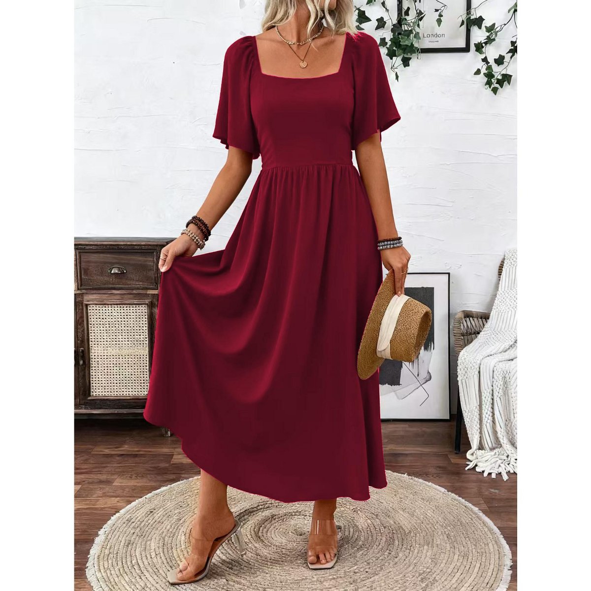 Женские платья Garvee Women's Square Neck Maxi Dress Flutter Sleeve High Waist Backless Flowy A Line Long Dresses Summer Casual Sundresses,Claret - Small — фото 4