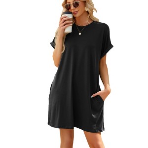 BLUEMING Womens T Shirt Dresses Crew Neck Mini Dresses Casual Short Sleeve Loose Flowy Dress with Pockets - 1 of 4