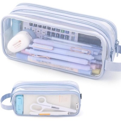 Fmeida Large Grid Mesh Pencil Case 2 Compartment Pen Bag Clear Handheld Multifunction Pencil Pouch Transparent Makeup Bag