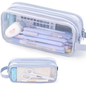 Fmeida Large Grid Mesh Pencil Case 2 Compartment Pen Bag Clear Handheld Multifunction Pencil Pouch Transparent Makeup Bag - 1 of 4