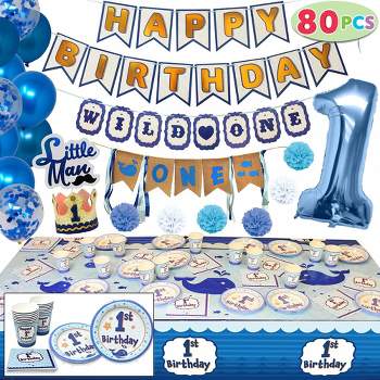 80 PCs Baby Boy 1st Happy Birthday Decorations Party Supplies-Banner ,Confetti Balloons, Hats, Cake Topper, Plates, Cups, Tableware