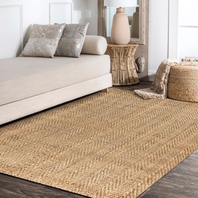 Ivory Herringbone Handwoven Jute 8' x 10' Reversible Area Rug