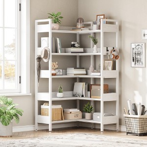 Corner Bookshelf, 5-Tier Bookshelves with 4 Hooks, Convertible Bookshelf with Open Shelves and Metal Frame for Living Room, Bedroom, Home Office - 1 of 4
