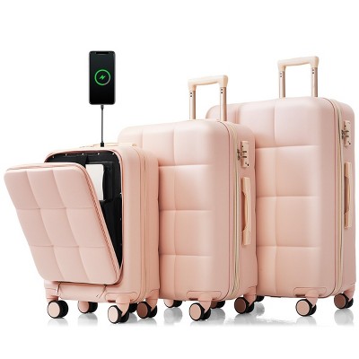 Hardshell Luggage Set,3-Piece Lightweight Suitcases (20"/24"/28") with Spinner Wheels,Cup Holder,20" Front Opening Carry-On with USB Port–Cuddlewood