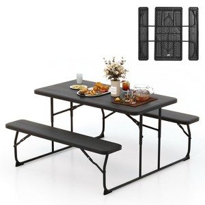 Gymax Folding Picnic Table and Bench Set w/ Wood Grain for Adults Indoor & Outdoor Steel Frame Collapsible Camping Table Black/White/Grey - 1 of 4