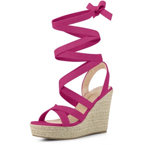 Allegra K Women's Lace Up Espadrilles Wedges Sandals Hot Pink 7