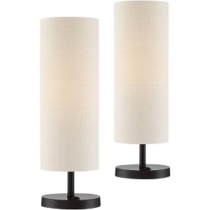 360 Lighting Heyburn Modern Accent Table Lamps 20" High Set of 2 Bronze with USB and AC Power Outlet in Base Oatmeal Cylinder Shade for Bedroom Desk - 1 of 4