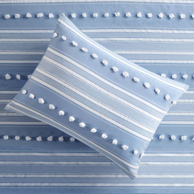 Full/QueenKylar Striped Clipped Jacquard Comforter Set Blue - Urban Habitat: Hypoallergenic, Pom Pom Detail, Machine Washable, 4 of 9
