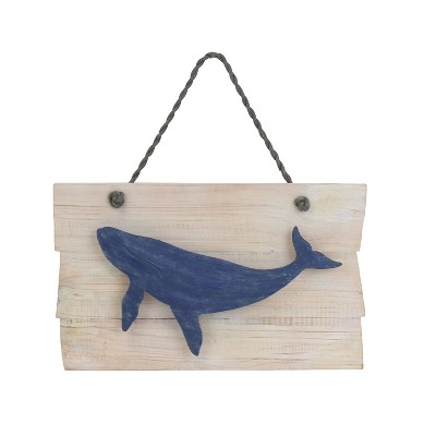 Beachcombers 14" WOOD with NAVY METAL WHALE WALL Decor Decoration