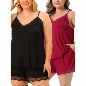 Agnes Orinda Women's Plus Size Adjustable Strap Elastic Waist Lace Trim Pajama Sets - 1 of 4