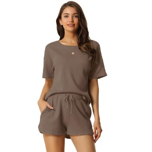 cheibear Women's Casual Pullover Short Sleeve Sleepshirt with Shorts Waffle Pajama Sets - 1 of 4