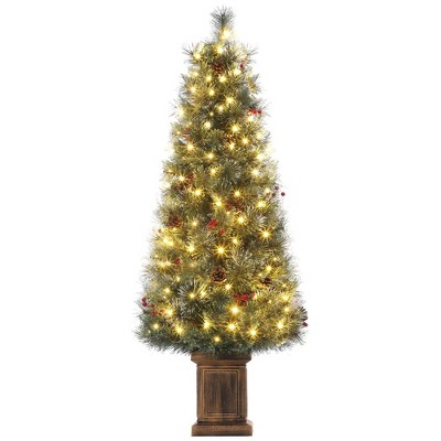 Homhougo 4.5ft Artificial Snow Flocked Christmas Tree with Red Berries & Hinged Branches, Small Potted Xmas Tree for Holiday Decor