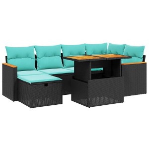 vidaXL 7 Piece Patio Sofa Set with Cushions Black Poly Rattan - Black without storage - 1 of 4