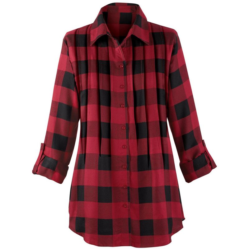 Collections Etc Buffalo Plaid Design Pintuck Tunic Top with Roll-Tab Sleeves and Button Front, 3 of 5