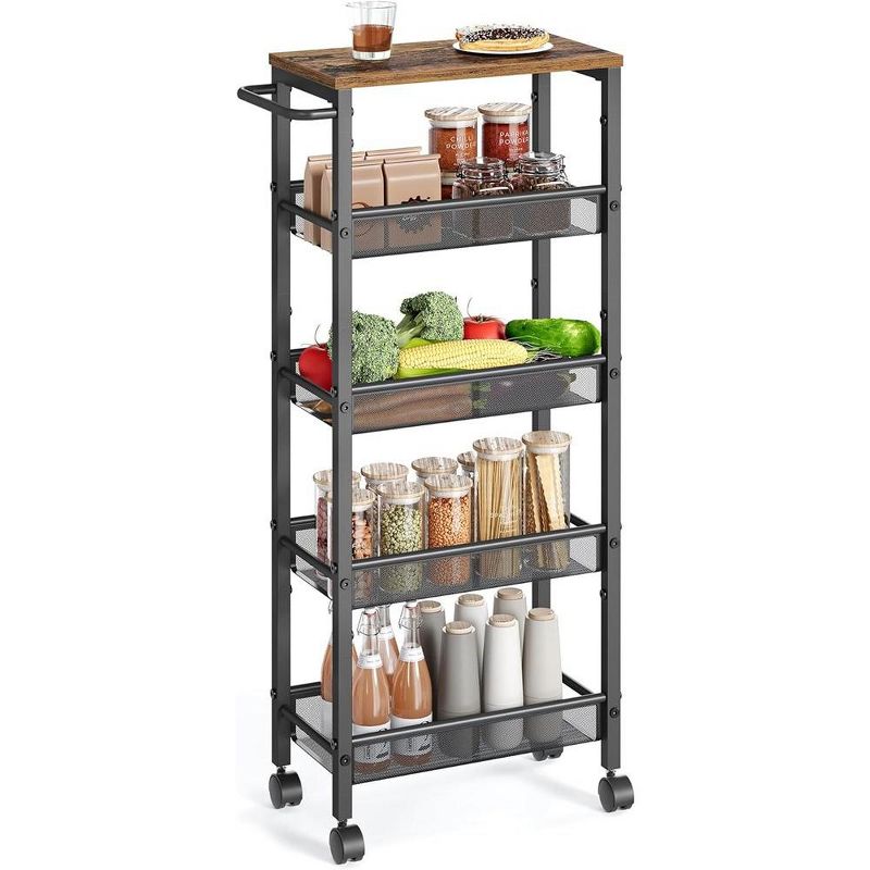 VASAGLE Slim Rolling Cart, 5-Tier Storage Cart, Narrow Cart with Handle, 8.7 Inches Deep, Metal Frame, Rustic Brown and Black, 1 of 8