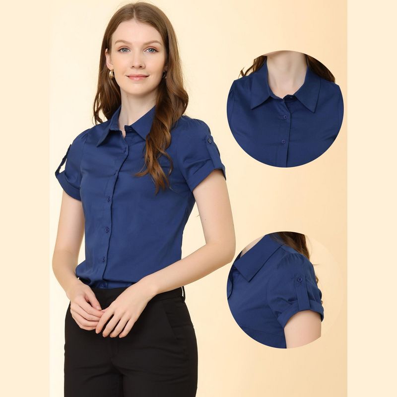 Allegra K Women's Elegant Roll-Up Short Sleeve Work Button-Down Shirts, 2 of 6