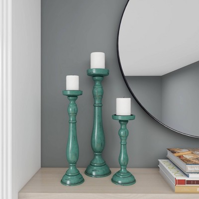 Teal Wood Fluted Pillar Candle Holders Set of 3