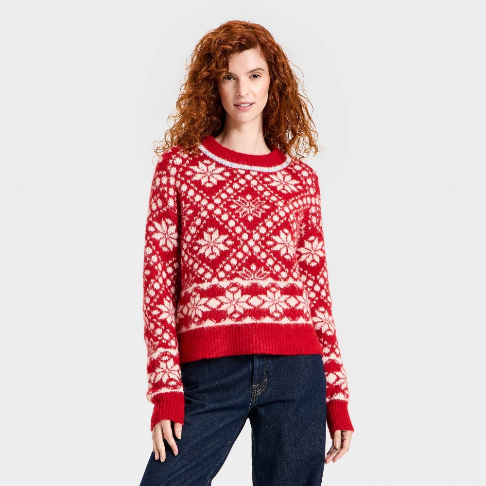 Women's Long Sleeve Cozy Alpine Snowflake Crewneck Pullover Sweater - Universal Thread™ Red M