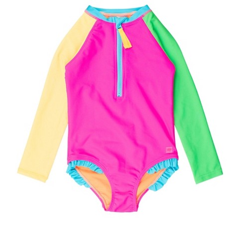 RuffleButts Toddler Girls' UPF50+ Long Sleeve Rash Guard One Piece - Neon Color Block, 4T