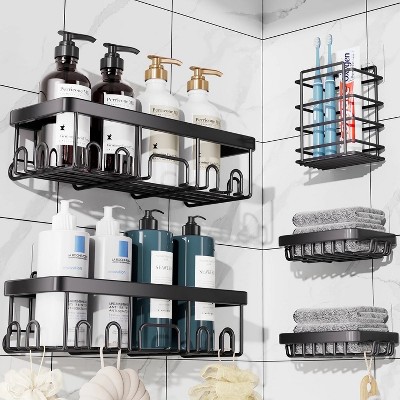 LunaLulinlk Adhesive Shower Shelves 5-Pack, Large Bathroom Organization and Storage, No Drilling Wall-Mounted Baskets, Black