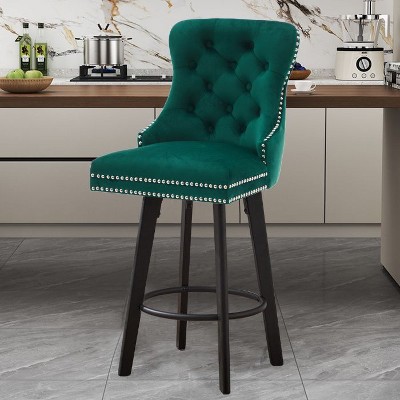 CAVINAS Velvet Swivel Bar Stools with Nailhead Design and Solid Wood Legs, 360-Degree Rotation, for Home Bar, Kitchen Island, Set of 2
