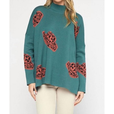 Women's Alexandra Cow Hat Mock Neck Long Sleeve Sweater Top - entro