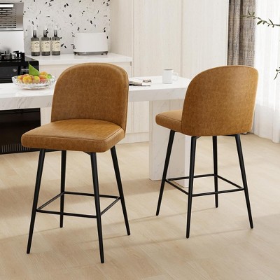 JUJABU 360°Swivel Upholstered Barstools Set of 2 with Backs and Metal Legs, 26" Seat Height Faux Leather Kitchen Counter Stool Chairs