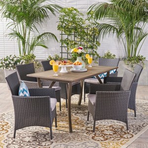 Christopher Knight Home Zain Outdoor Acacia Wood and Wicker 7 Piece Dining Set with Cushion - 1 of 4