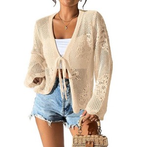 Coolmee Women's Tie Front Lightweight Crochet Cardigan Shrugs Knit Cardigan Crop Tops Cover Up - 1 of 4