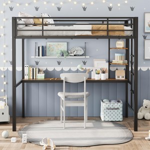 Loft Bed Twin Size with Large Desk and 2-Tier Storage Shelves, Heavy Duty Metal Loft Bed with Ladder and Guardrail for Kids and Adults - 1 of 4