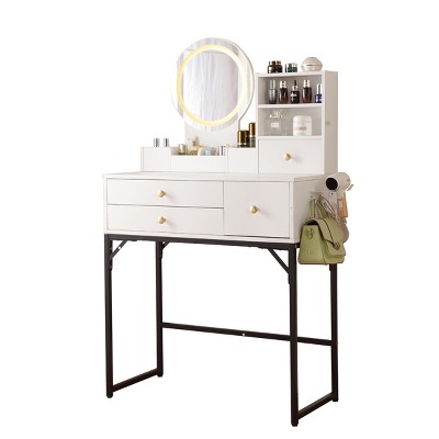 TOBILI Vanity Desk with Lighted Mirror & Power Outlet, Makeup Vanity Desk with Drawers and Cabinet,Make up Vanity Table for Bedroom, White