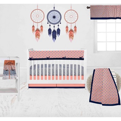 Bacati - Olivia Coral Navy 6 pc Crib Bedding Set with Long Rail Guard Cover