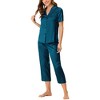 cheibear Women's Soft Satin Button Down with Capri Pants Lounge Pajama Set - 2 of 4