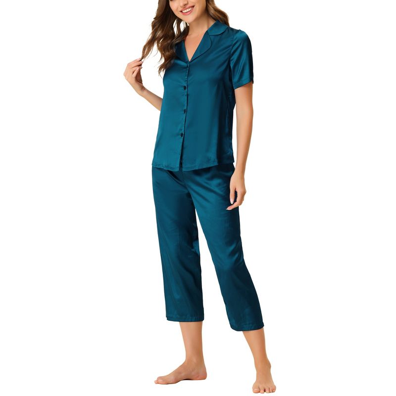 cheibear Women's Satin Button Down with Capri Pants Lounge Pajama Set, 2 of 6