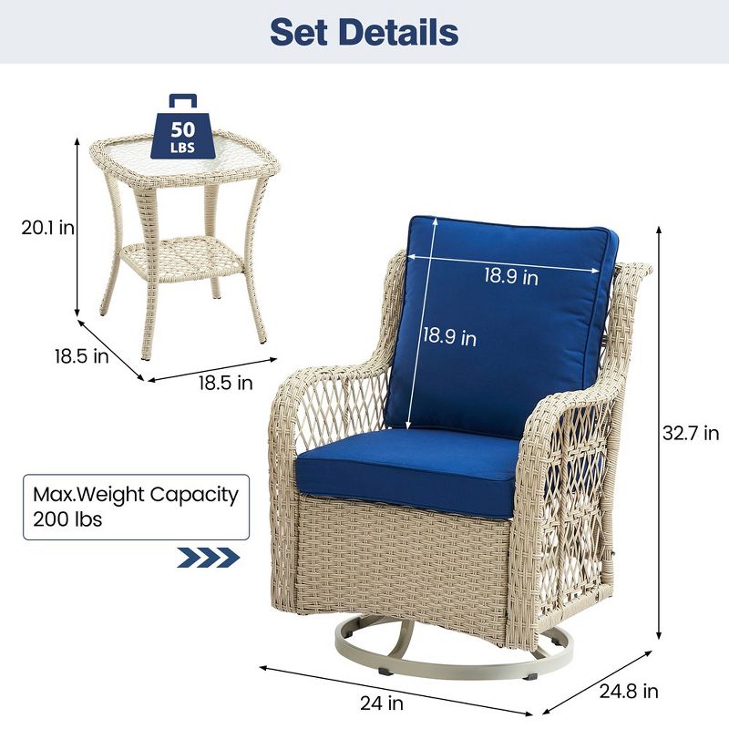 Whizmax 3-Piece Outdoor 360 Degree Swivel Rocking Chair Patio Set, Swivel Rocking Chair 2-Piece Set with Rattan Side Table, Blue Cushion, 5 of 9