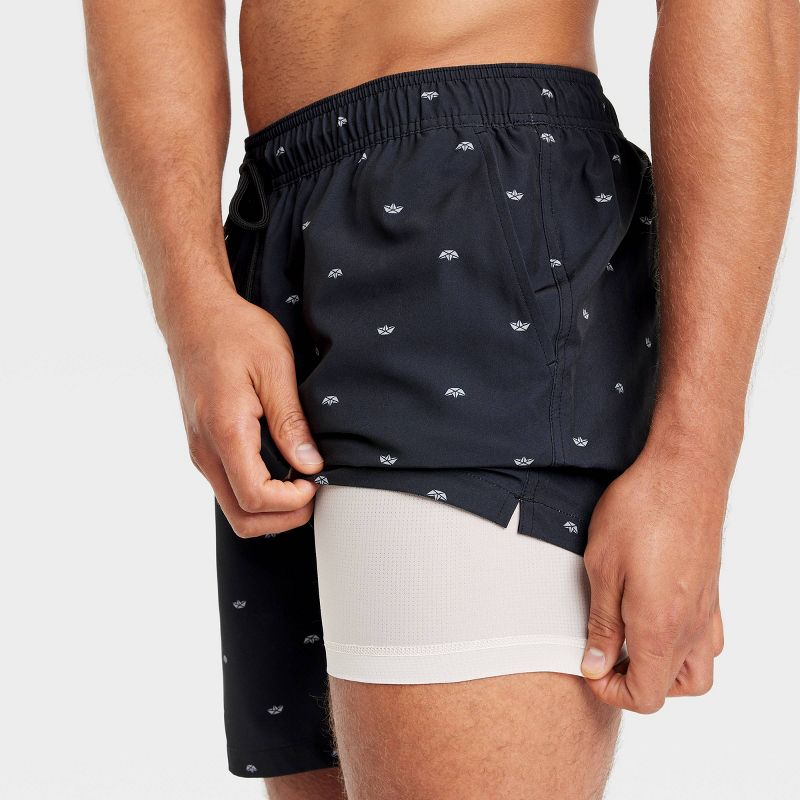 Men's 7" Leaf Print Swim Shorts with Boxer Brief Liner - Goodfellow & Co™ Navy Blue, 5 of 6
