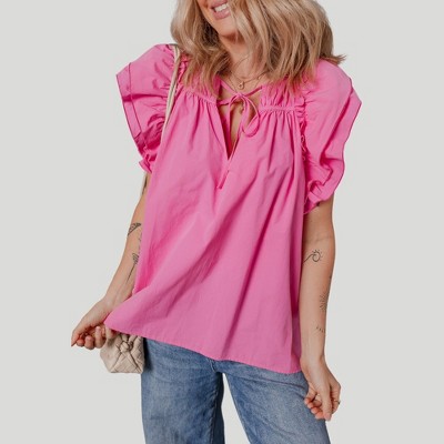 Amaryllis Women’s Ruffle Sleeve Poplin Top Tie Front Detail Gathered Shoulders Relaxed Fit