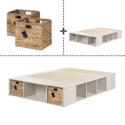 Full Oak Storage Bed with Rattan Baskets and Bookcase