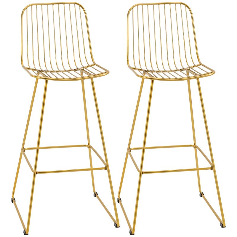 HOMCOM Modern Bar Stools, Metal Wire Bar Height Barstools, 30" Seat Height Bar Chairs for Kitchen with Back and Footrest, Set of 2, 1 of 7