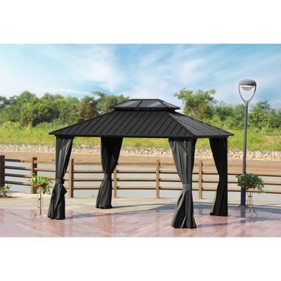 12'x10' Double Roof Hardtop Aluminum Gazebo with Metal Frame & Mosquito Netting - Veikous