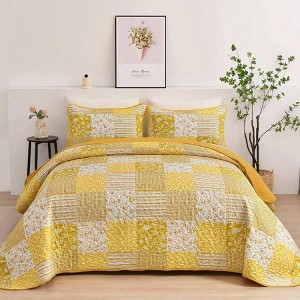 Yellow Boho Quilt Set, King Size 3 - Piece Plaid Floral Bedspread Coverlet Set, Reversible Patchwork Summer Bedding - 1 of 4