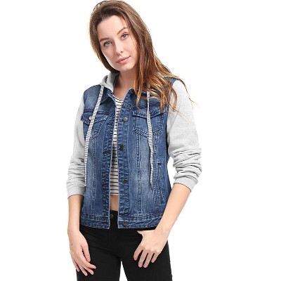 Женские куртки INSPIRE CHIC Women's Regular Fit Layered Drawstring Hood Denim Jacket with Pockets Medium Dark Blue — фото 4